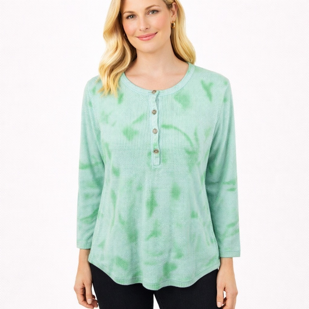 Lisa Todd Green Aqua Tie Dye Waffle Knit Top Henley Button Crop Boho Size XL